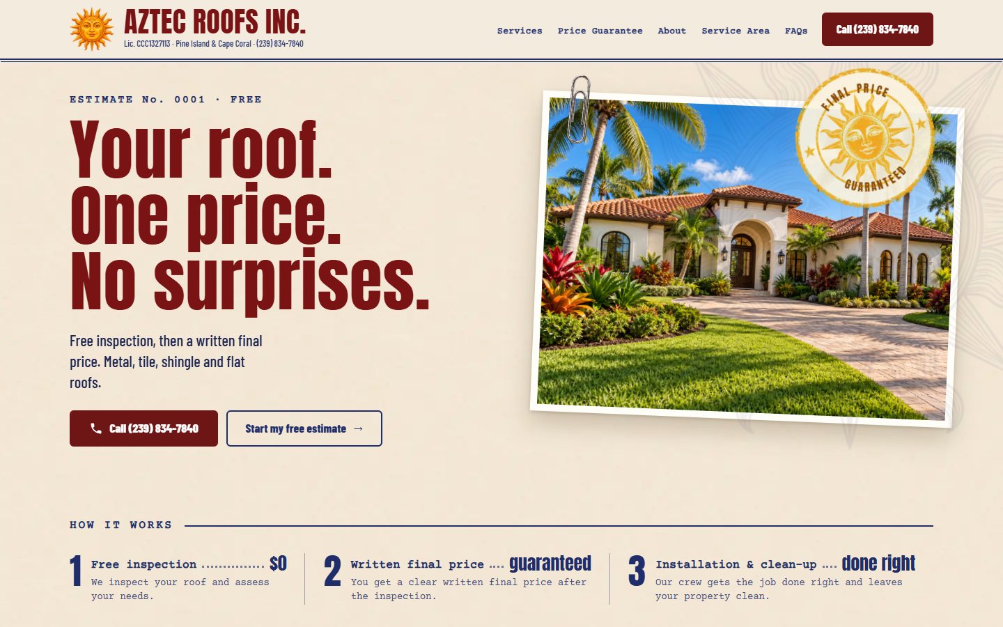 Aztec Roofs website, desktop view 1