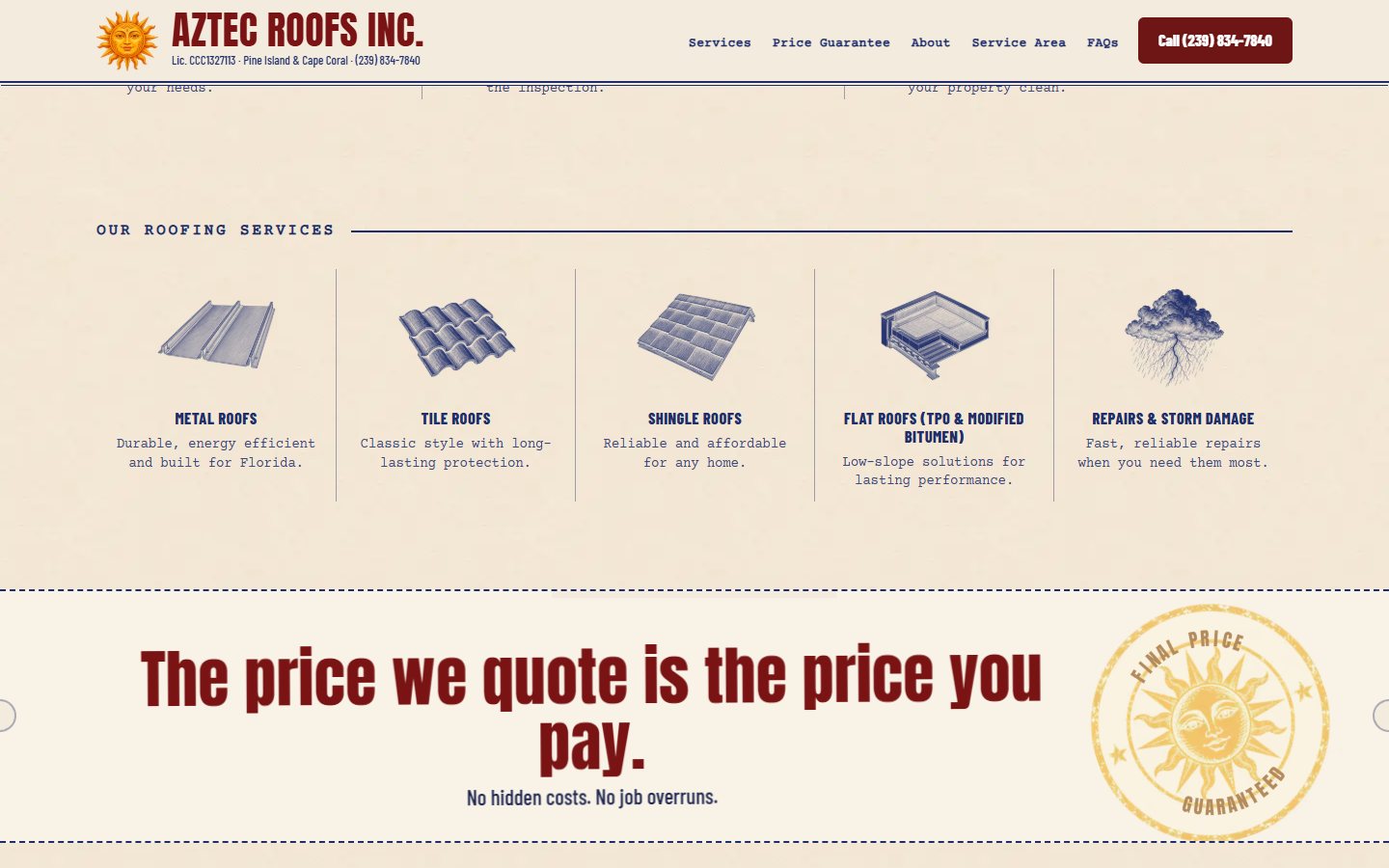 Aztec Roofs website, desktop view 2