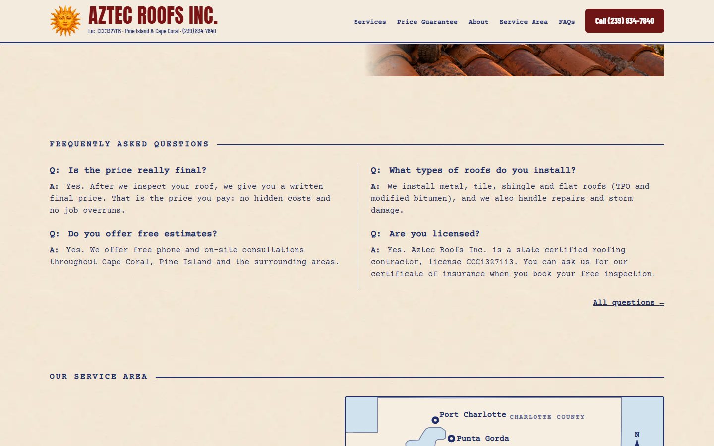 Aztec Roofs website, desktop view 4