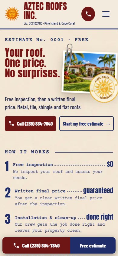 Aztec Roofs website on a phone