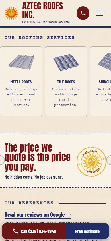 Aztec Roofs website on a phone