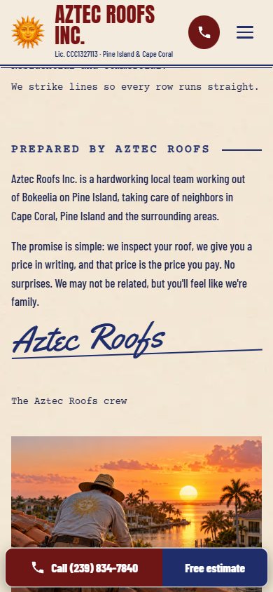 Aztec Roofs website on a phone