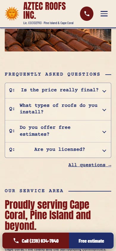 Aztec Roofs website on a phone