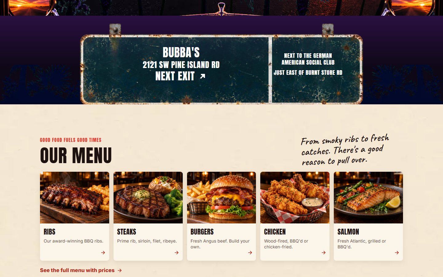 Bubba’s Roadhouse website, desktop view 2