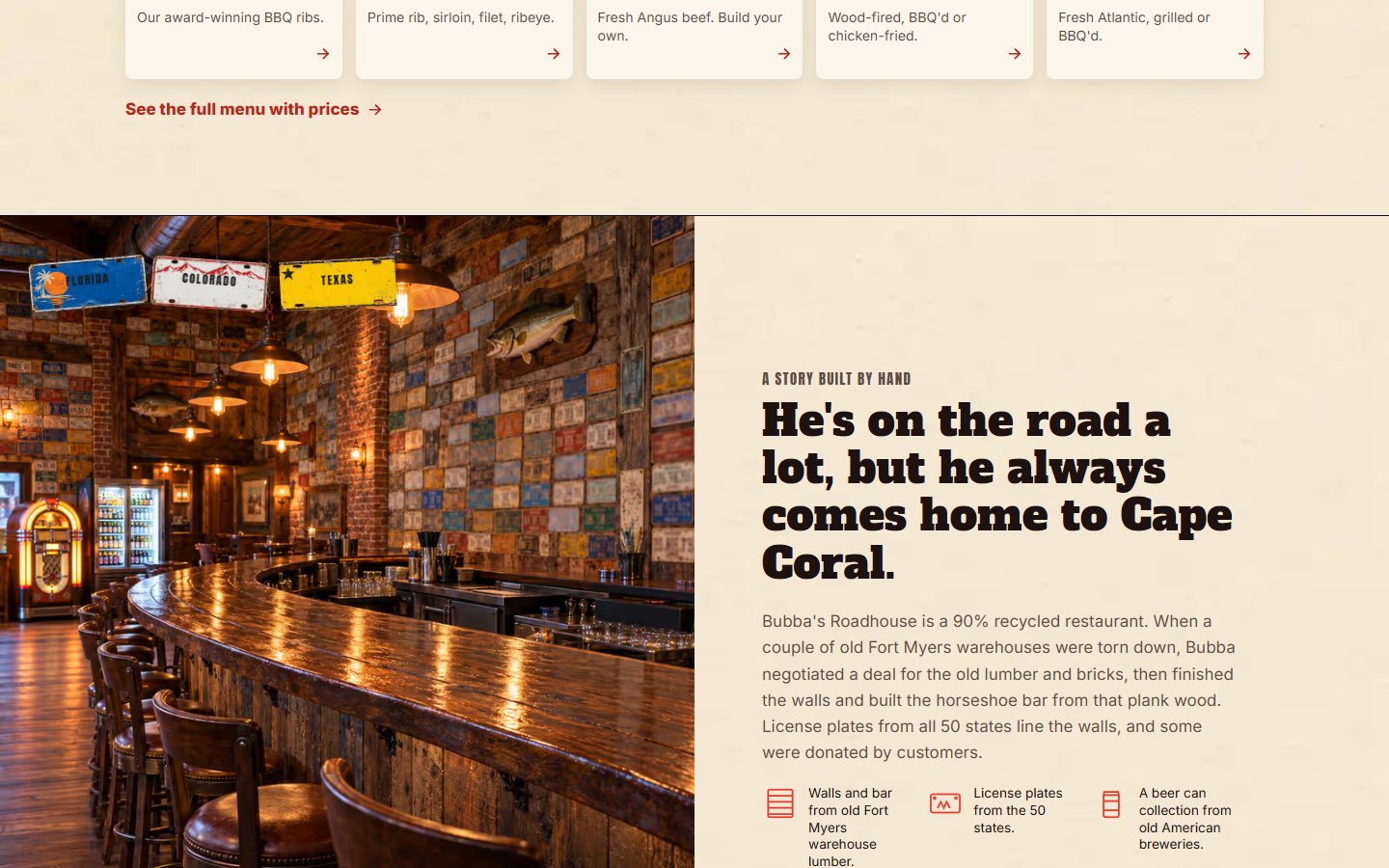 Bubba’s Roadhouse website, desktop view 3