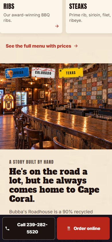 Bubba’s Roadhouse website on a phone