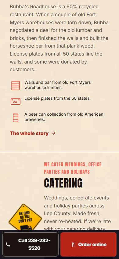 Bubba’s Roadhouse website on a phone