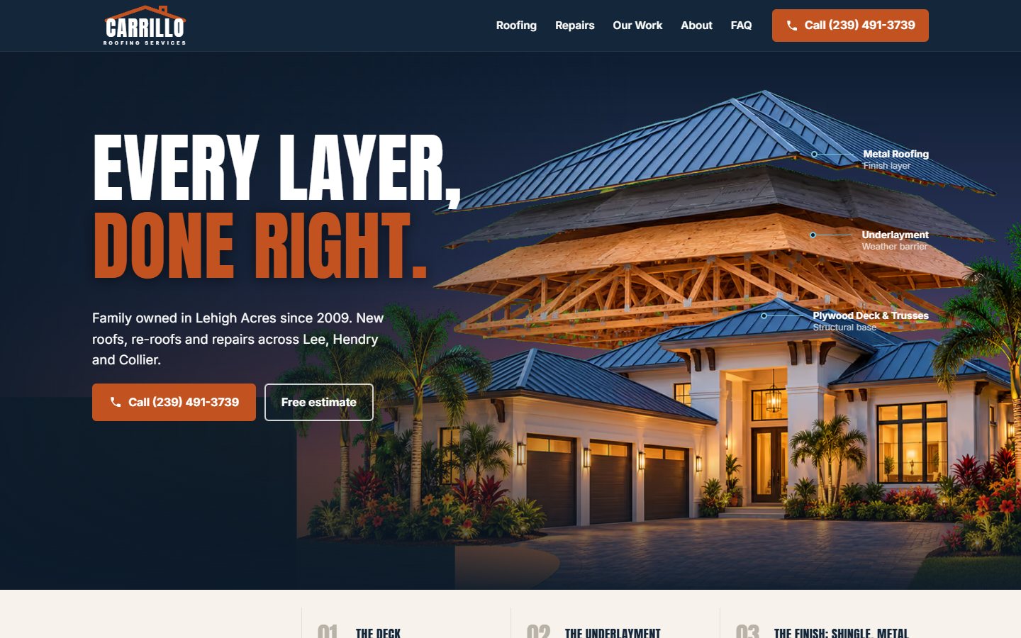 Carrillo Roofing website, desktop view 1