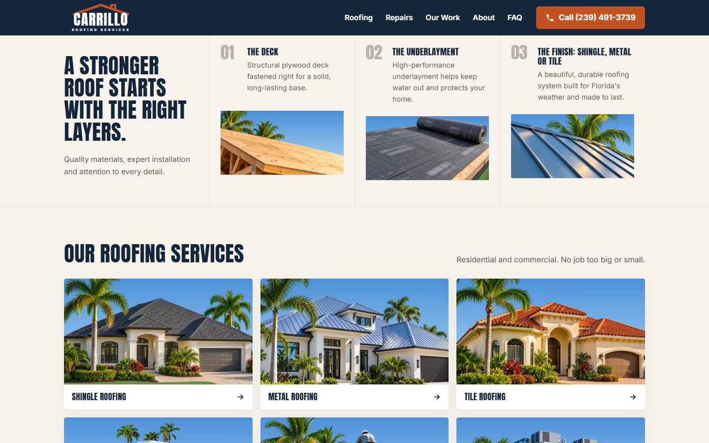 Carrillo Roofing website, desktop view 2