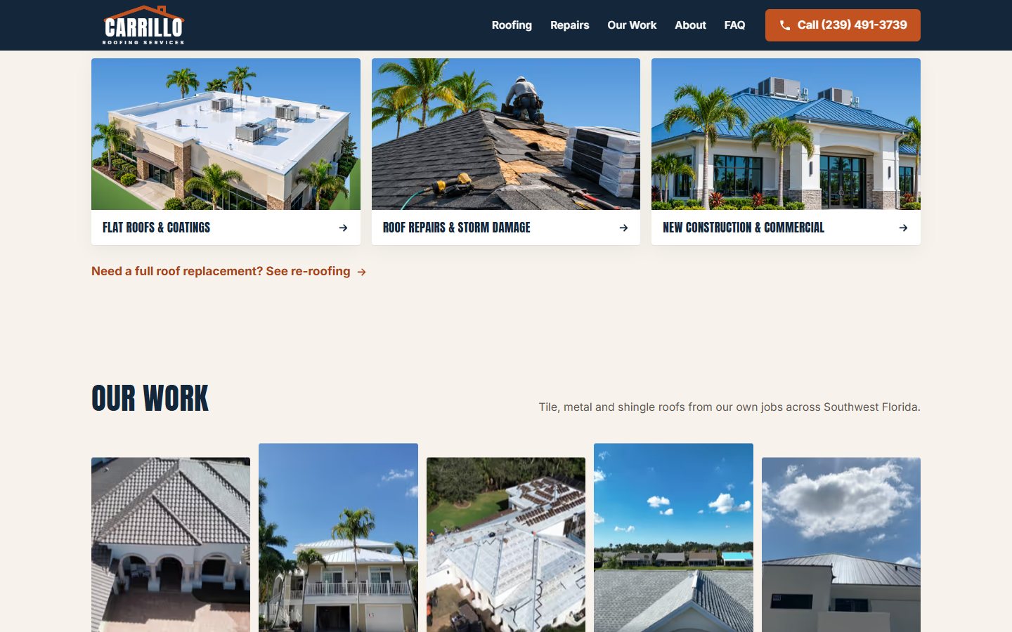 Carrillo Roofing website, desktop view 3