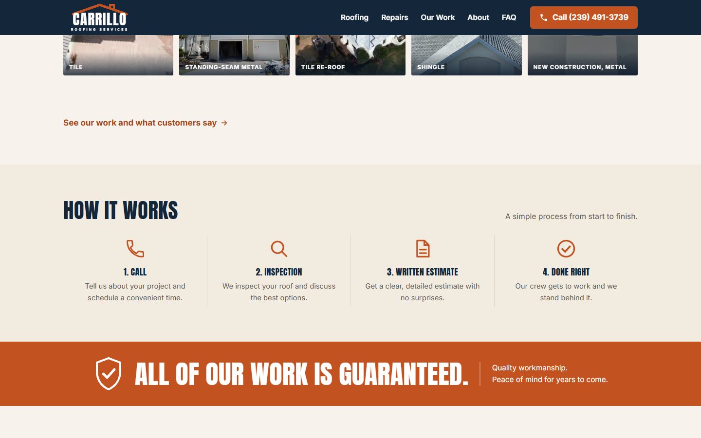 Carrillo Roofing website, desktop view 4