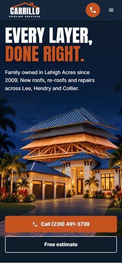 Carrillo Roofing website on a phone