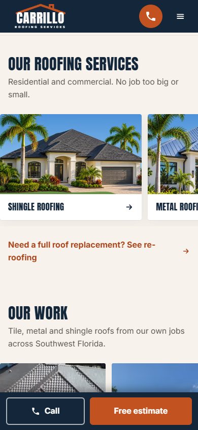 Carrillo Roofing website on a phone