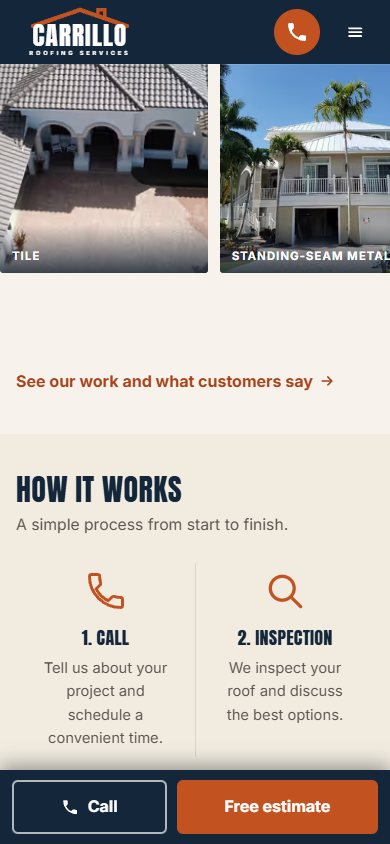 Carrillo Roofing website on a phone