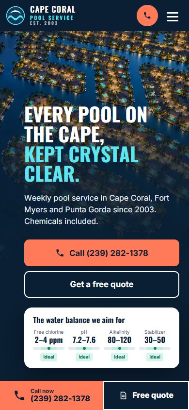 Cape Coral Pool Service website on a phone