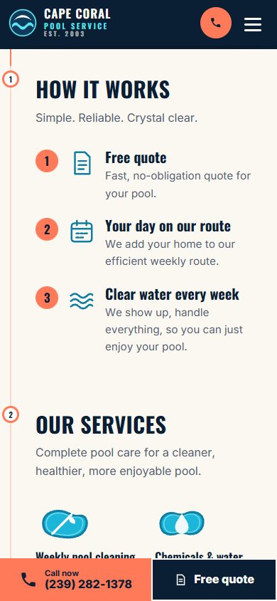 Cape Coral Pool Service website on a phone
