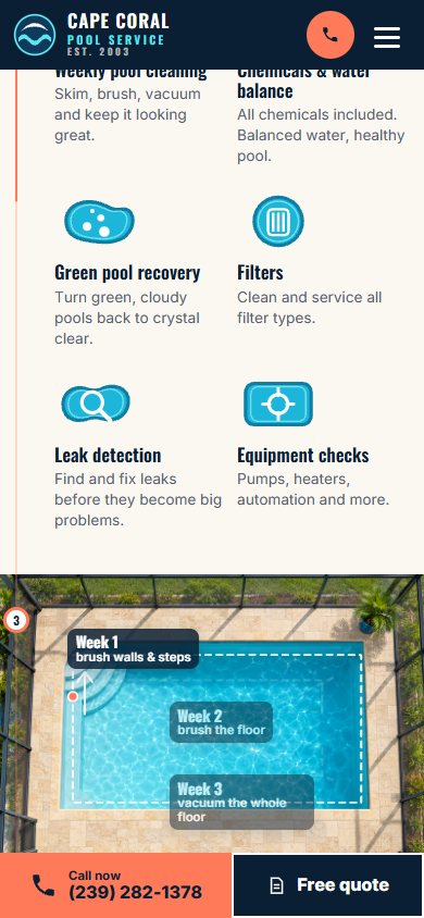 Cape Coral Pool Service website on a phone