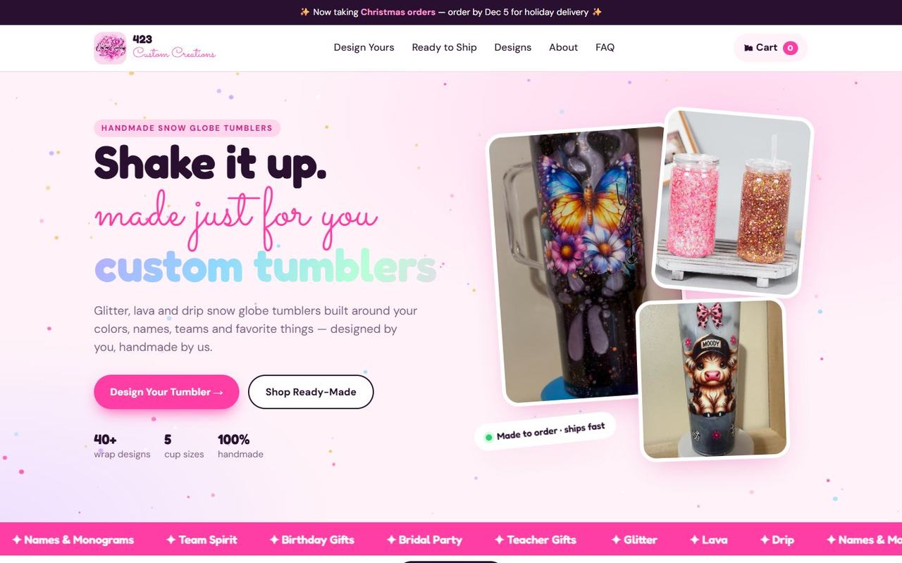 423 Custom Creations website, desktop view 1