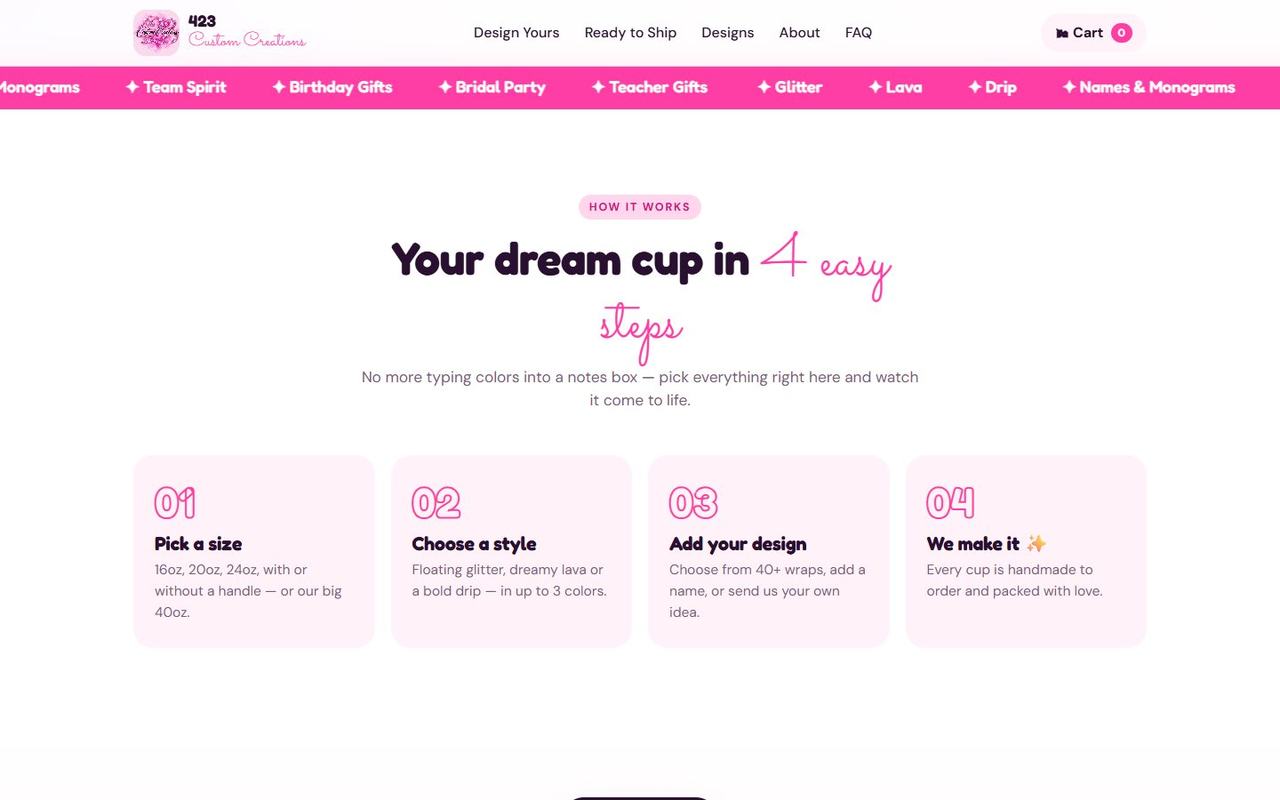 423 Custom Creations website, desktop view 2