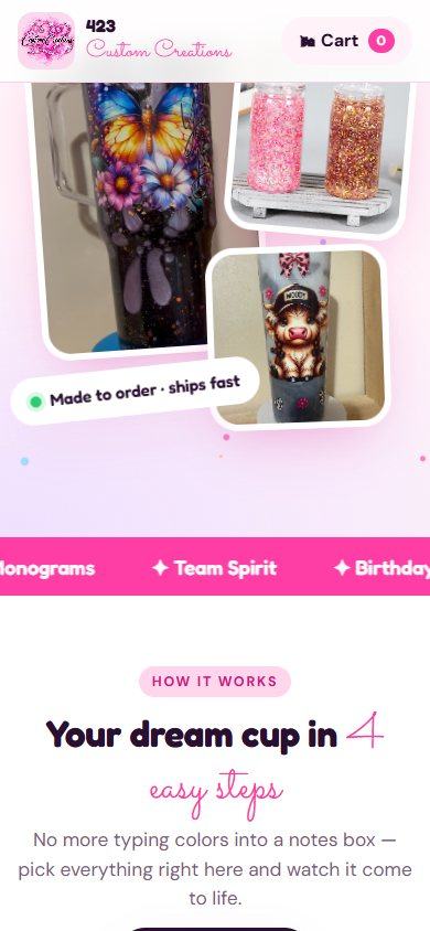 423 Custom Creations website on a phone