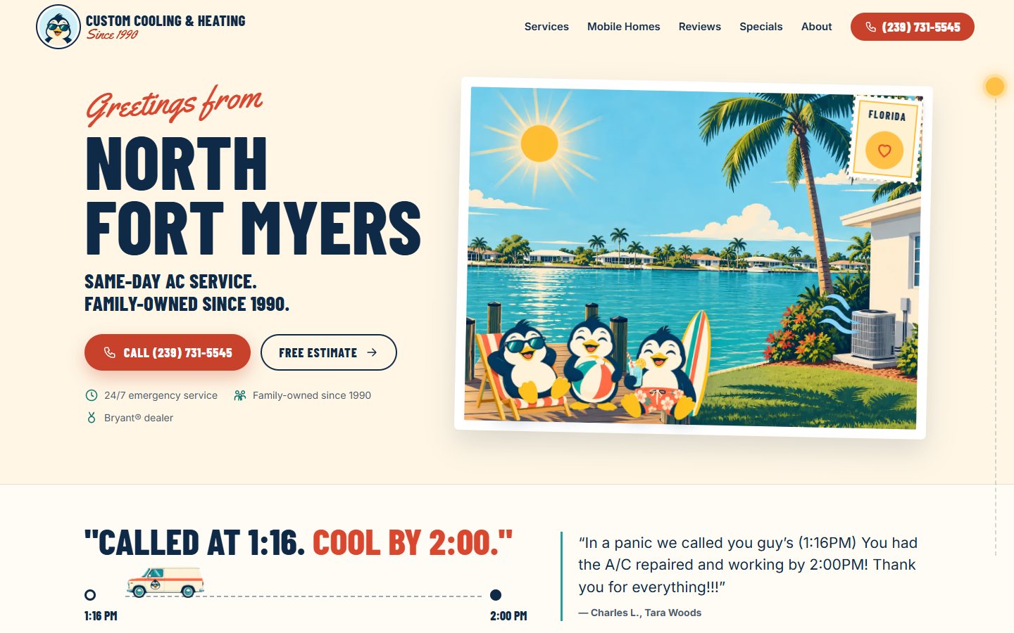 Custom Cooling & Heating website, desktop view 1