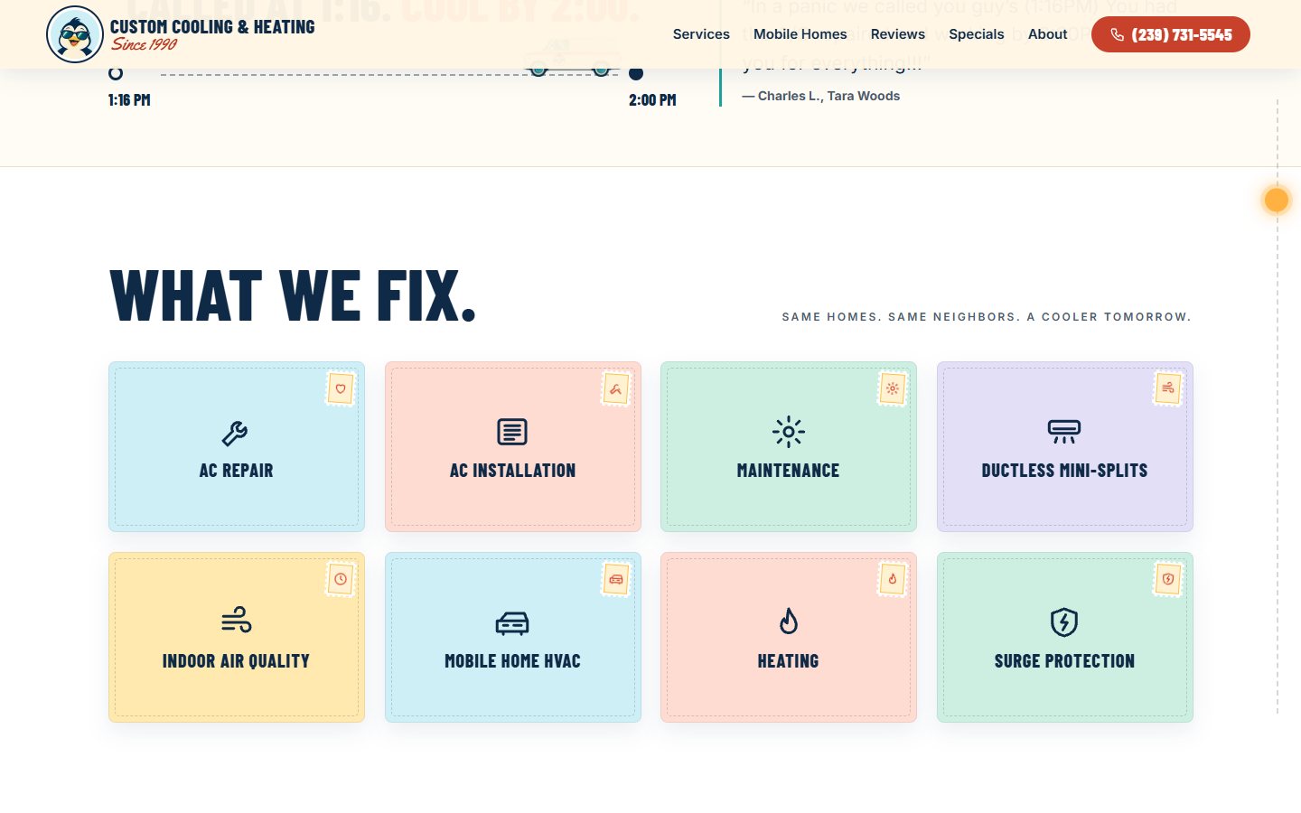 Custom Cooling & Heating website, desktop view 2