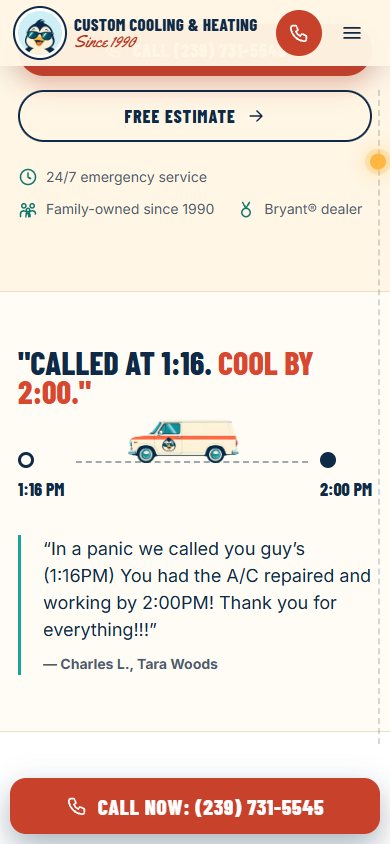 Custom Cooling & Heating website on a phone
