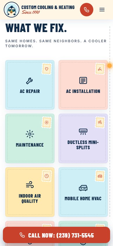 Custom Cooling & Heating website on a phone