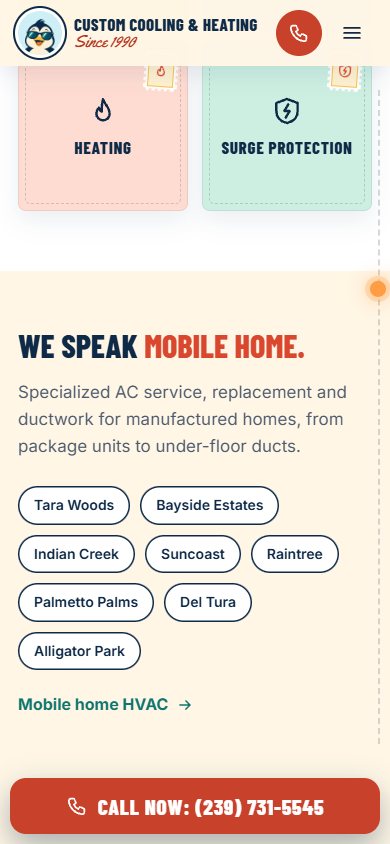 Custom Cooling & Heating website on a phone