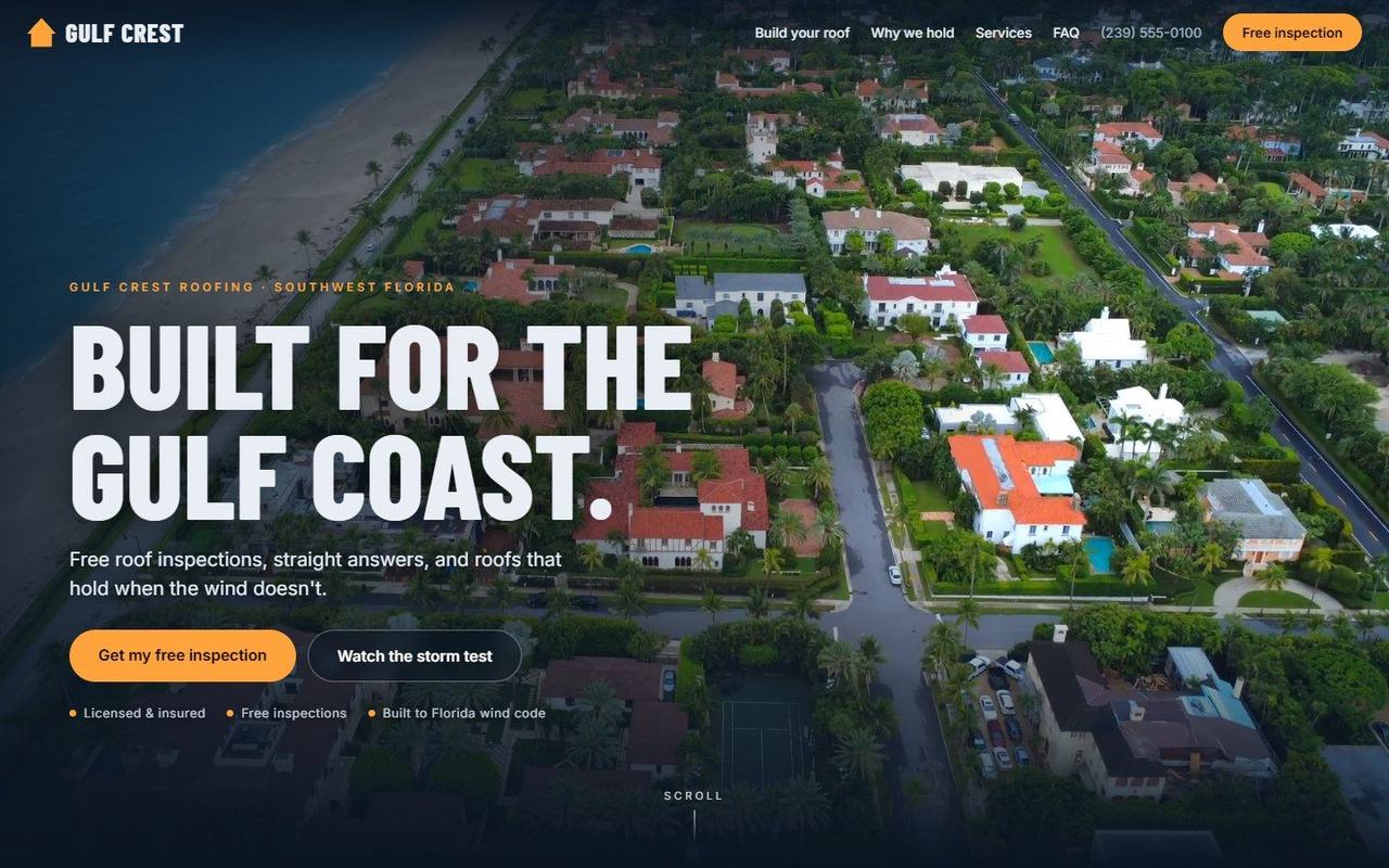 Gulf Crest Roofing website, desktop view 1