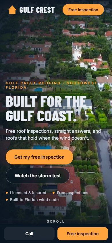 Gulf Crest Roofing website on a phone