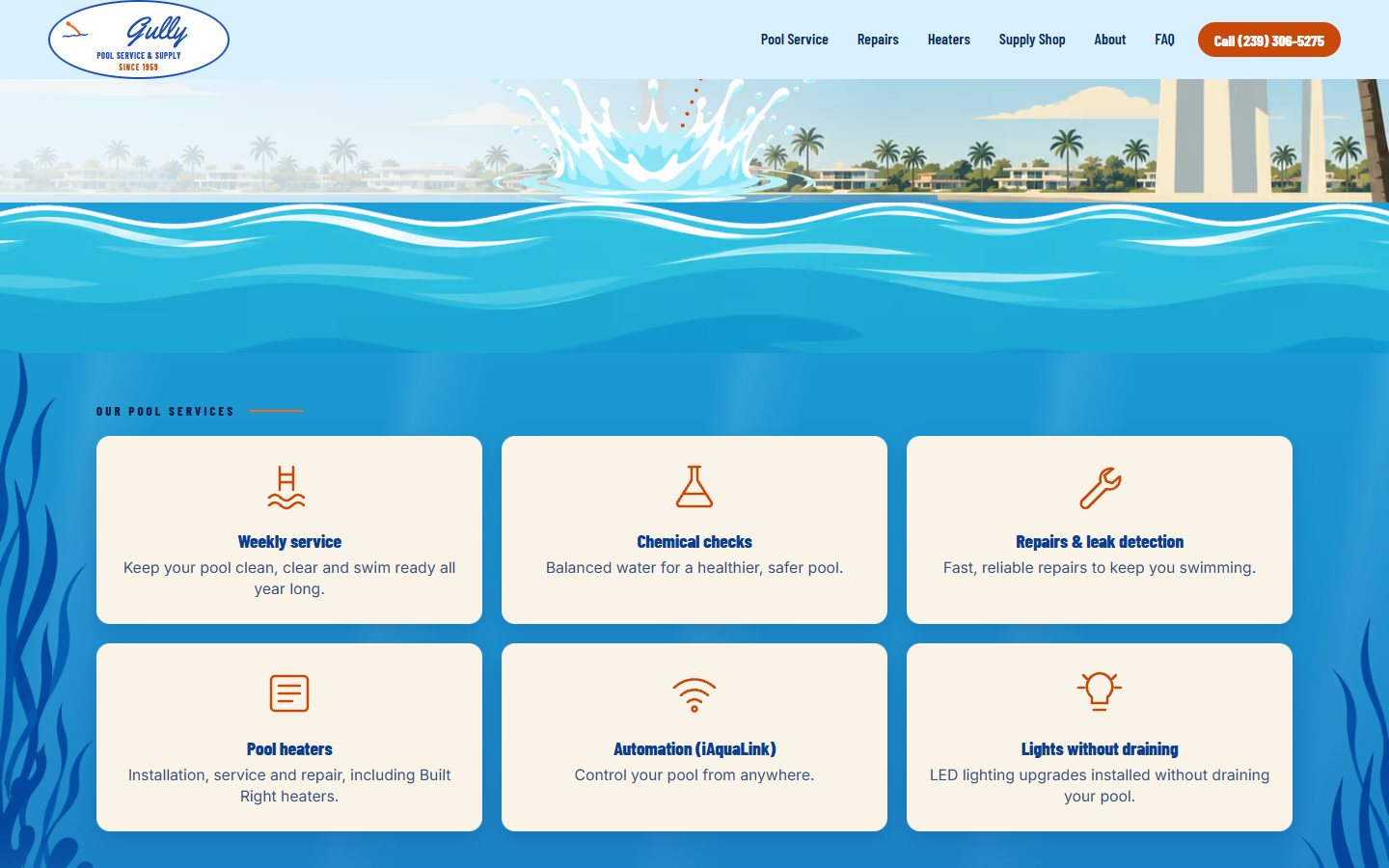 Gully Pool Service & Supply website, desktop view 2