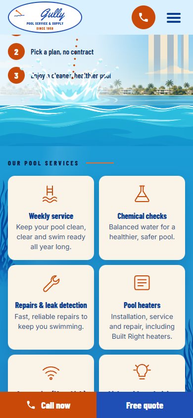 Gully Pool Service & Supply website on a phone