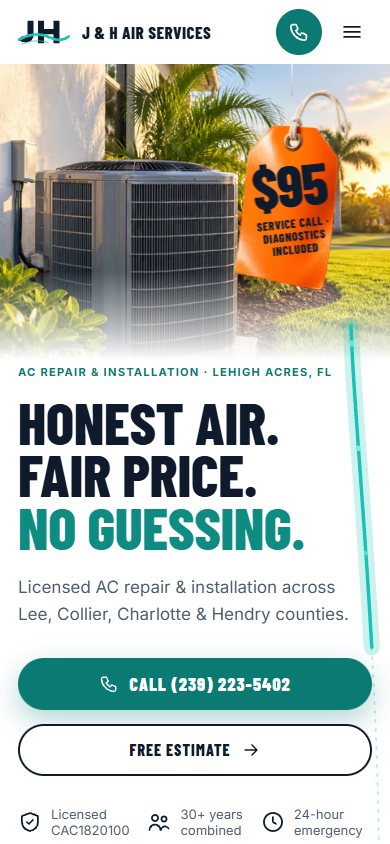 J & H Air Services website on a phone