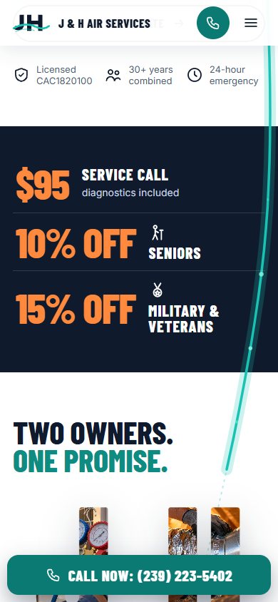 J & H Air Services website on a phone
