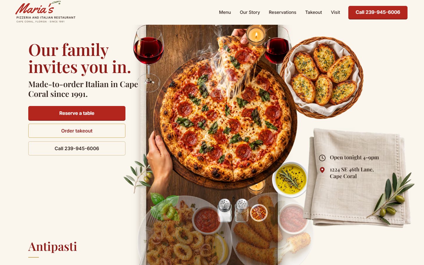 Maria’s Pizzeria website, desktop view 1