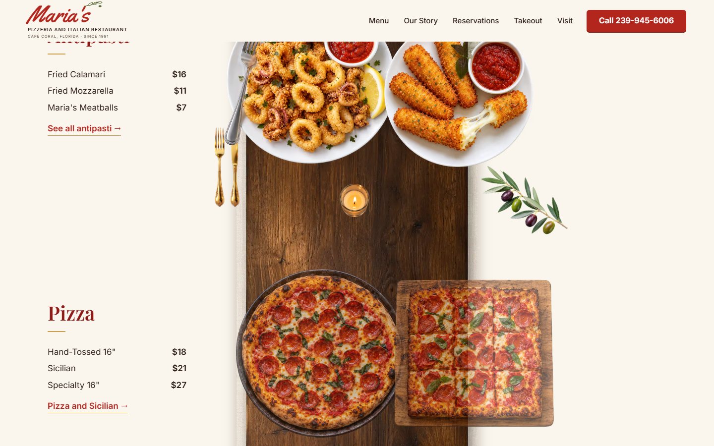 Maria’s Pizzeria website, desktop view 2