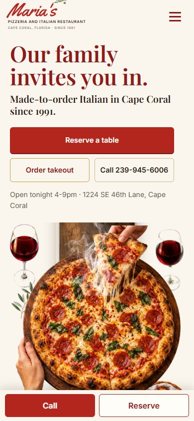 Maria’s Pizzeria website on a phone