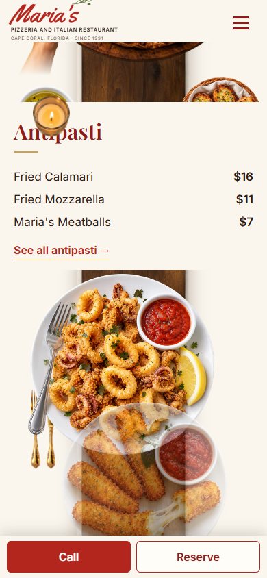 Maria’s Pizzeria website on a phone