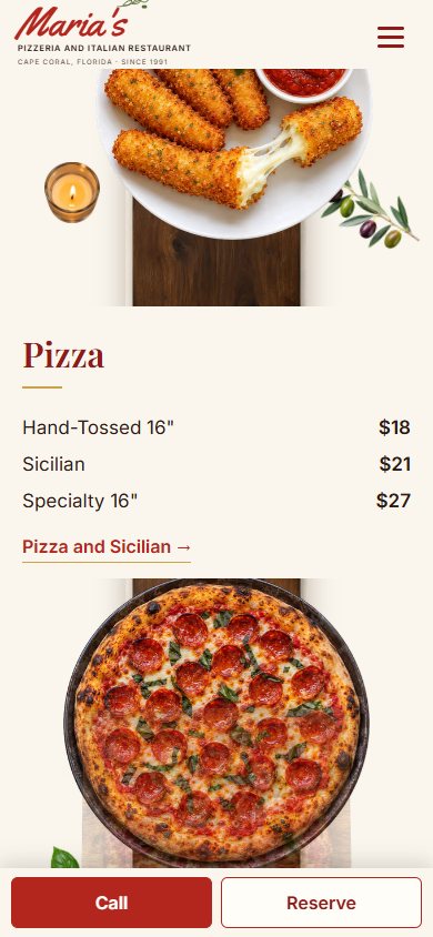 Maria’s Pizzeria website on a phone