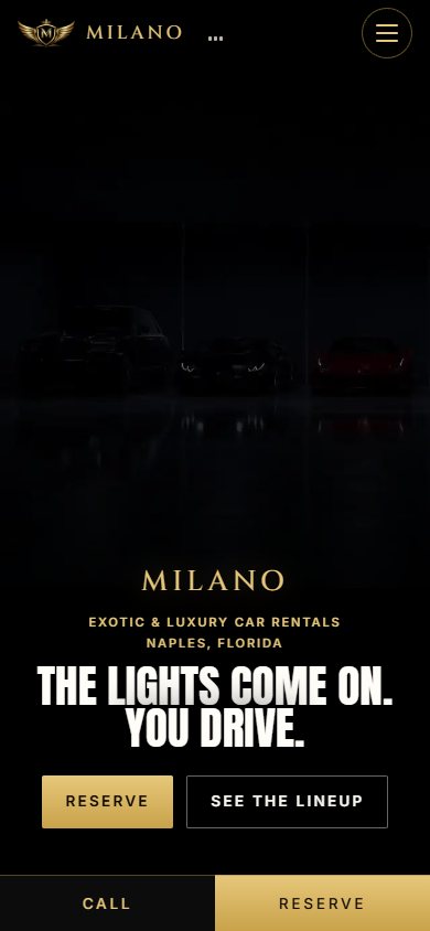 Milano Luxury Rentals website on a phone