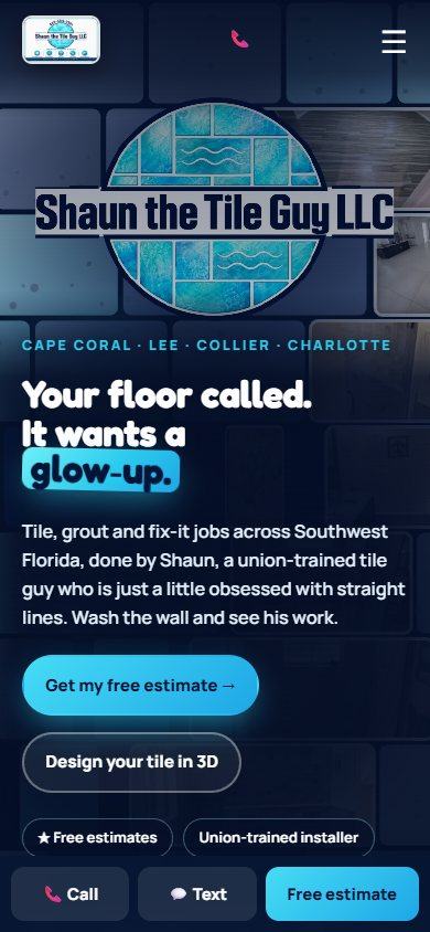 Shaun the Tile Guy website on a phone