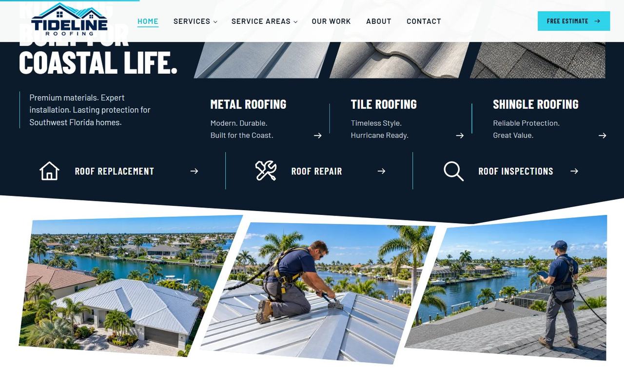 Tideline Roofing website, desktop view 2