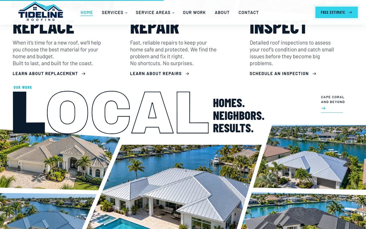 Tideline Roofing website, desktop view 3