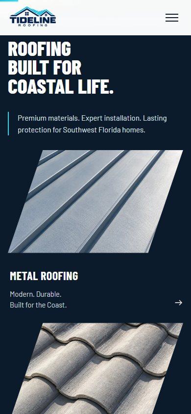 Tideline Roofing website on a phone
