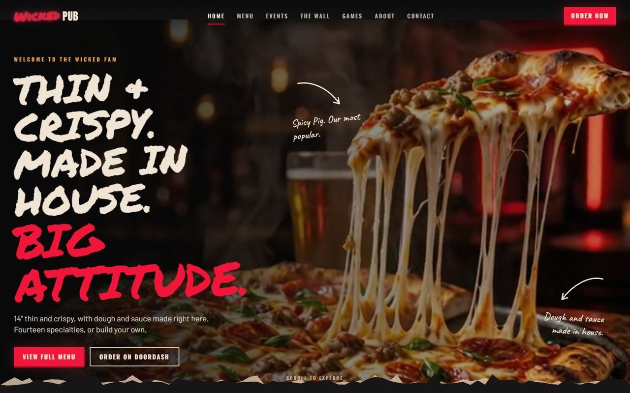 Wicked Pub website, desktop view 1