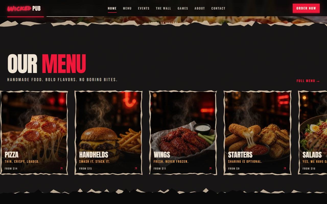 Wicked Pub website, desktop view 2